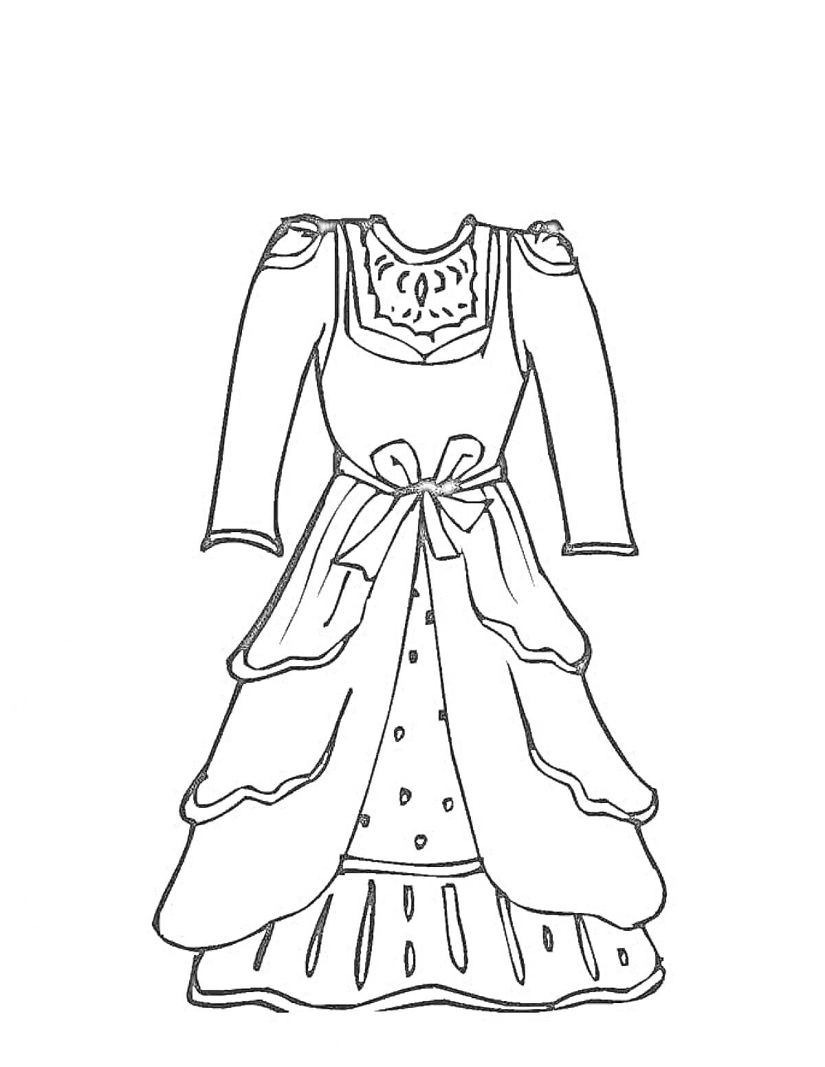 Раскраска Платье с длинными рукавами, фартук с бантом, многослойная юбка