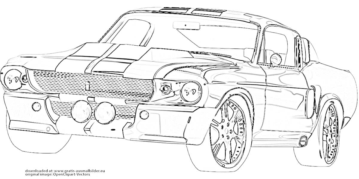 Раскраска Спортивный автомобиль с мощными колесами и фарами на переднем бампере