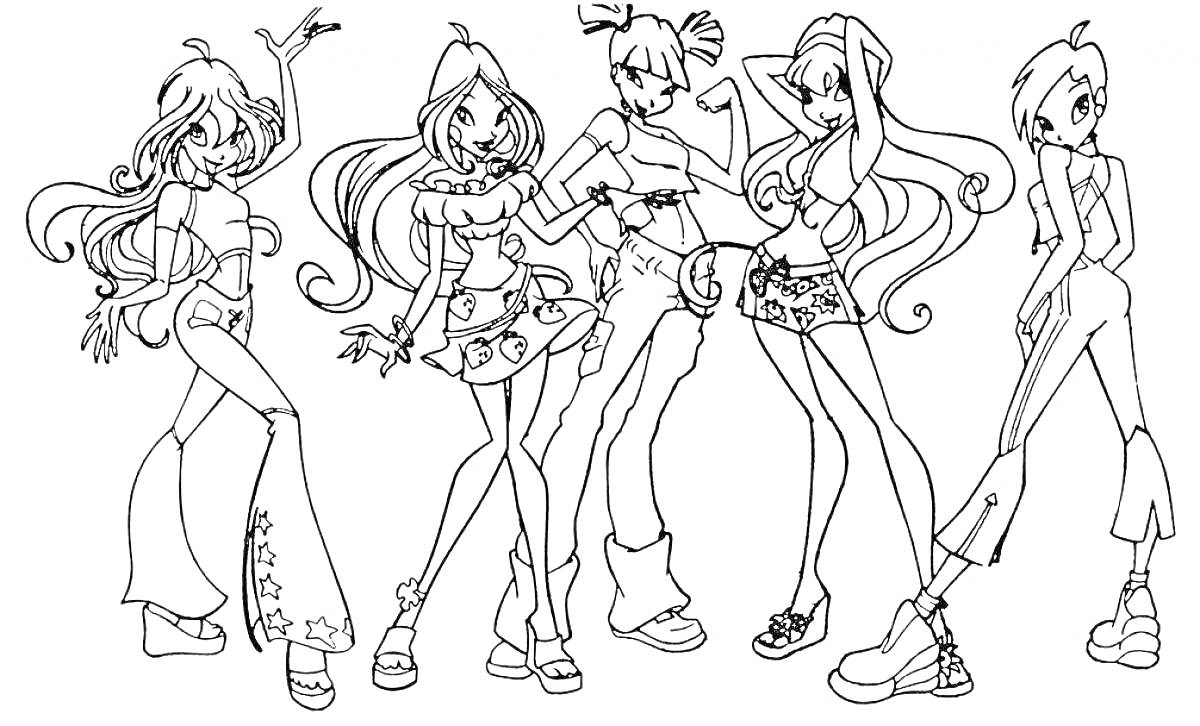 Раскраска Пять девушек из команды, в разнообразных нарядах, в различных позах