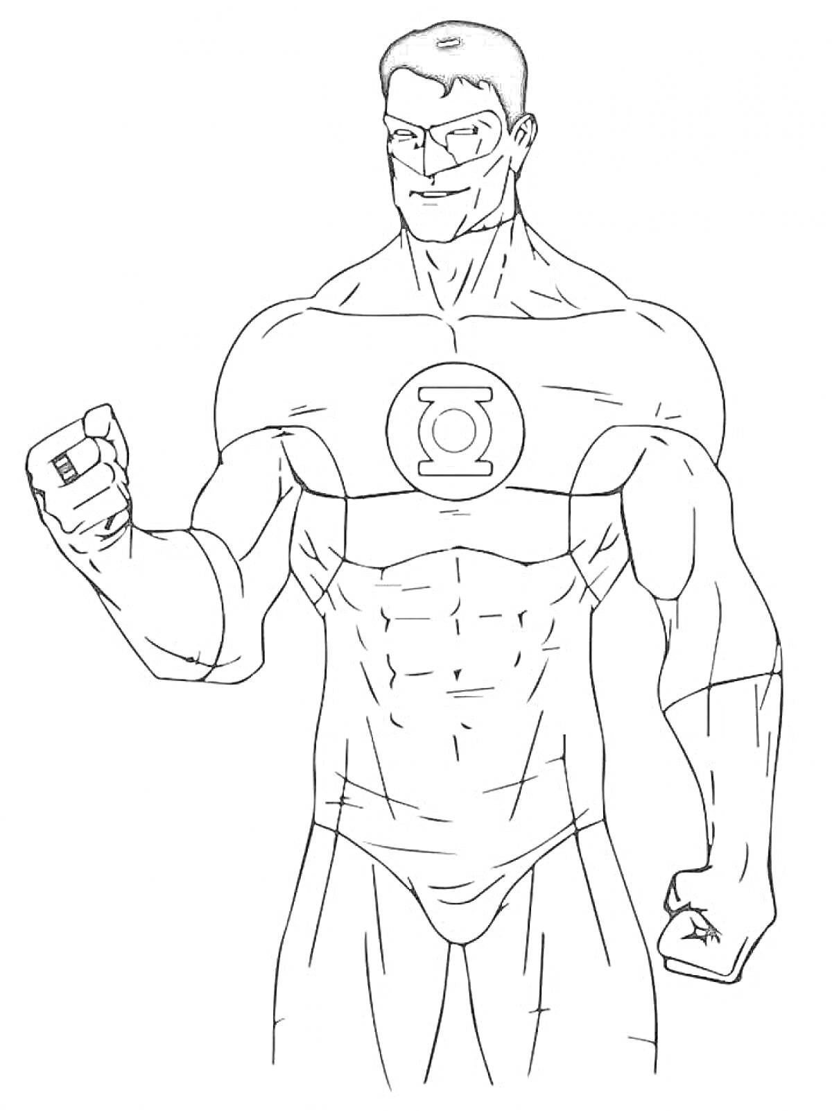 Раскраска Супергерой с кольцом, символом на груди и сжатой рукой