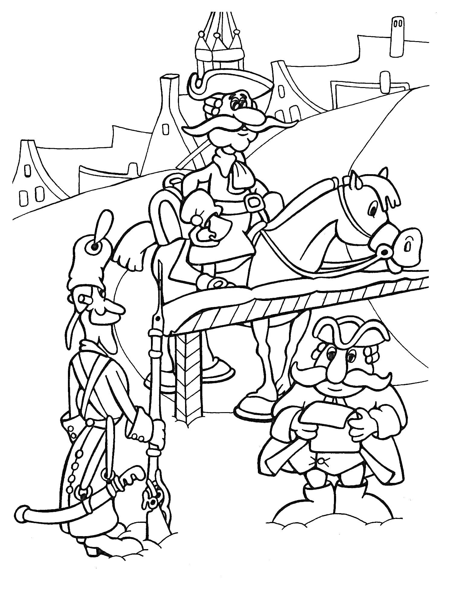 Раскраска Барон Мюнхгаузен на мосту с лошадью, два солдата и город на заднем плане