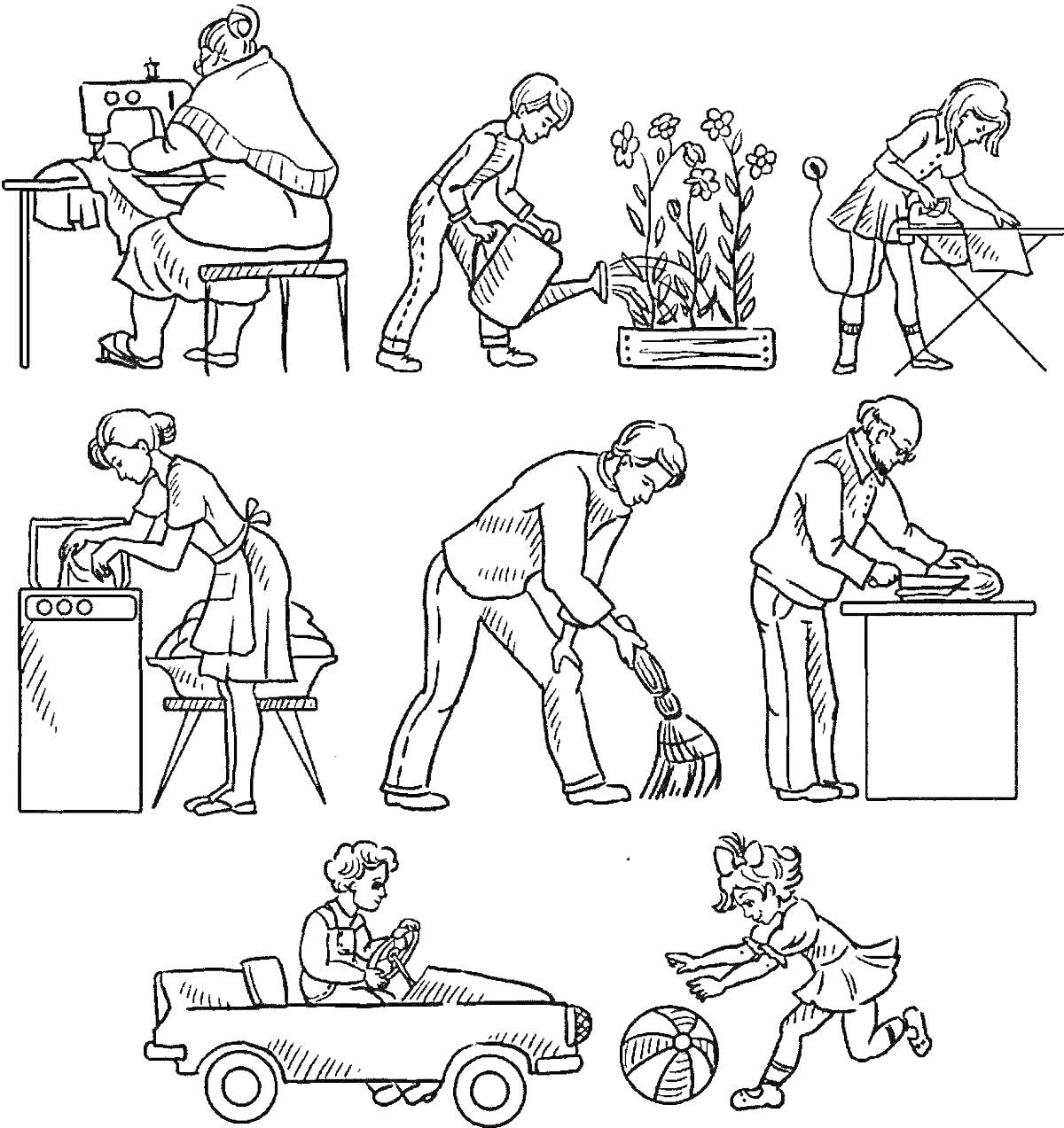 Выполнение домашних дел. Люди, шитье, полив цветов, глажка, мытье посуды, подметание, готовка, ремонт автомобиля, игра с мячом.