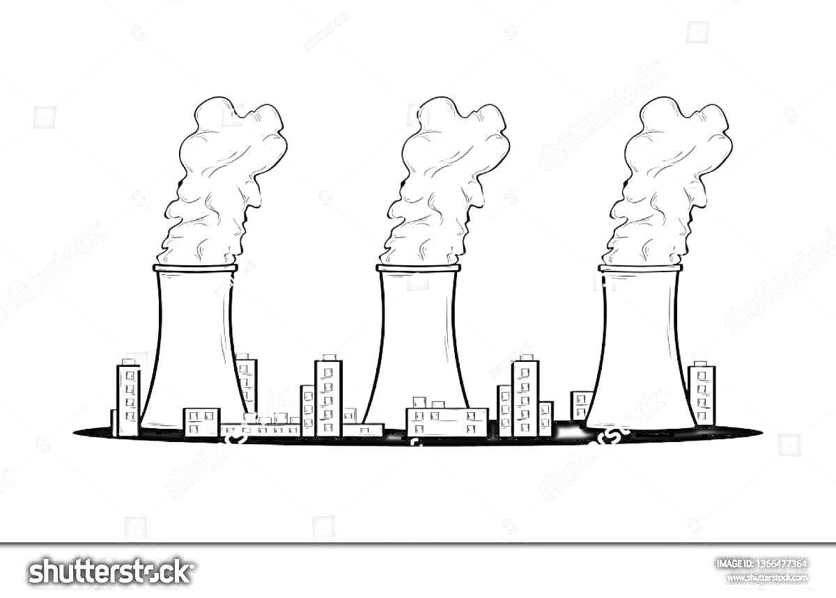 Раскраска Завод с тремя трубами, выбрасывающими дым над городом