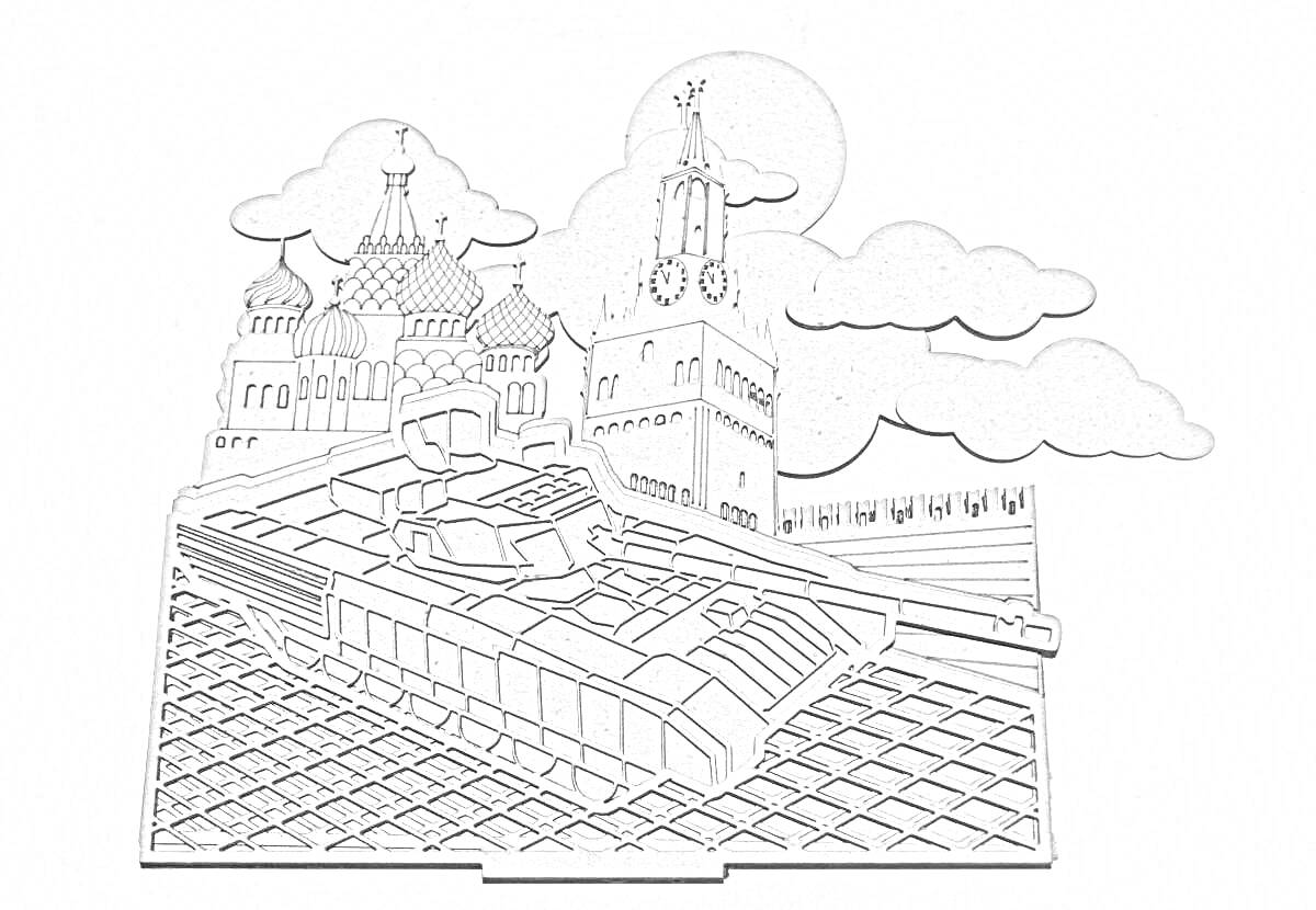На раскраске изображено: Многослойная, Кремль, Часы, Танк, Облака, Архитектура, Военная техника