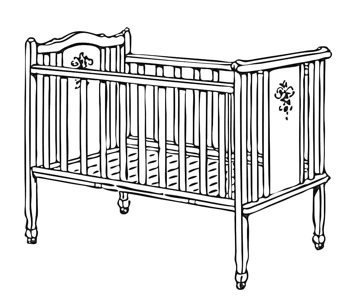 Раскраска Детская кроватка с декоративными элементами на спинках и бортах