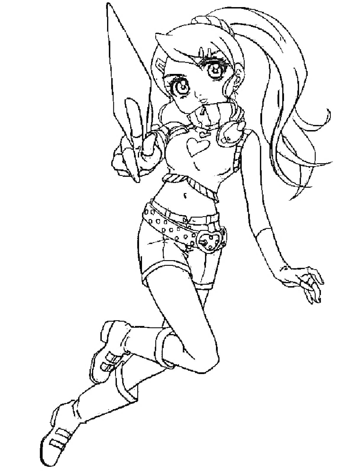 Раскраска Девушка с коротким шортами и аксессуарами, указывающая пальцем вверх, в стиле 