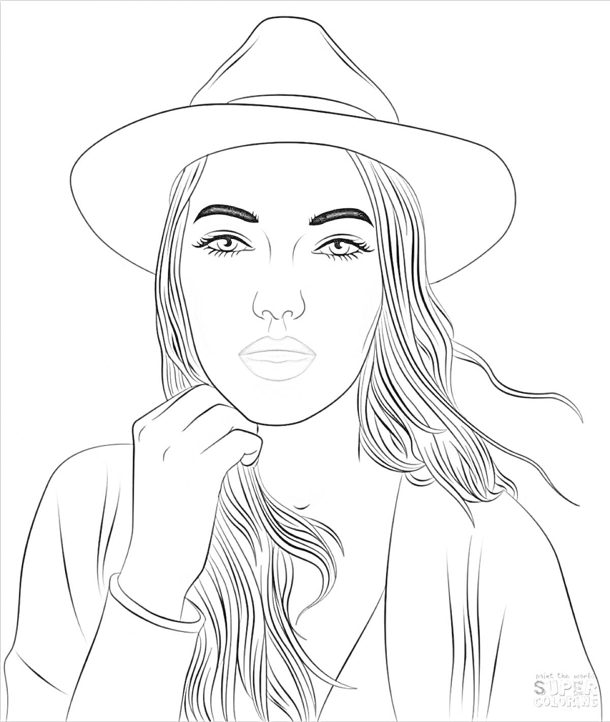 Раскраска Портрет девушки в шляпе с длинными волосами