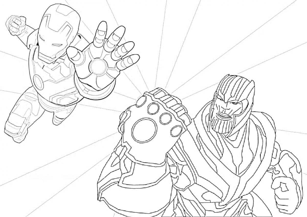 На раскраске изображено: Железный человек, Танос, Сражение, Свет, Супергерои, Комиксы, Полет