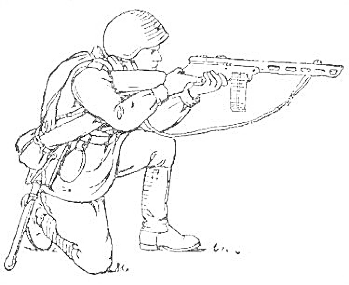 На раскраске изображено: Ппш, Солдат, Присевший, Оружие, Форма, Война, Автомат, Кобура, Ремень, Ботинки