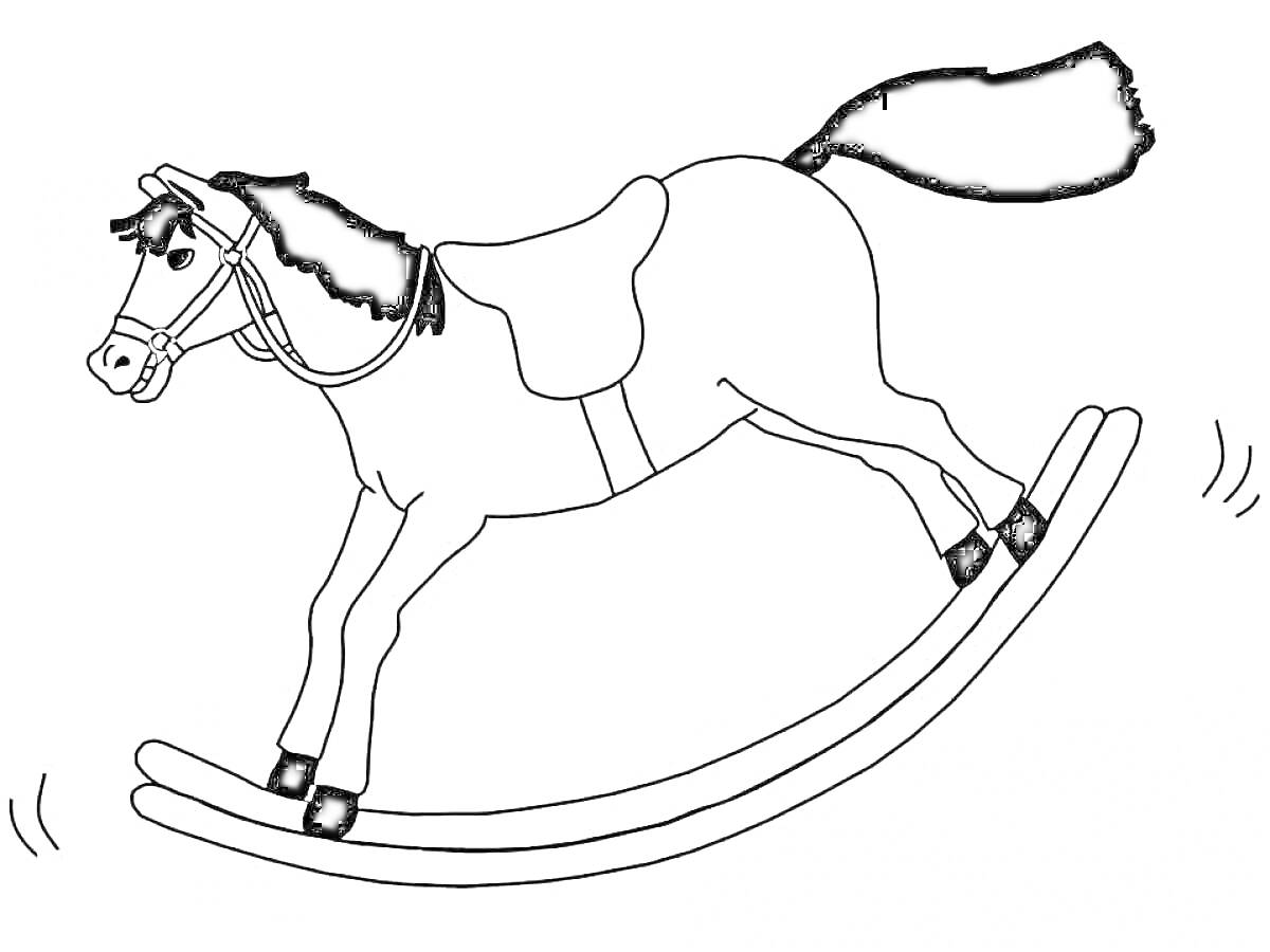 На раскраске изображено: Качалка, Седло, Грива, Уздечка