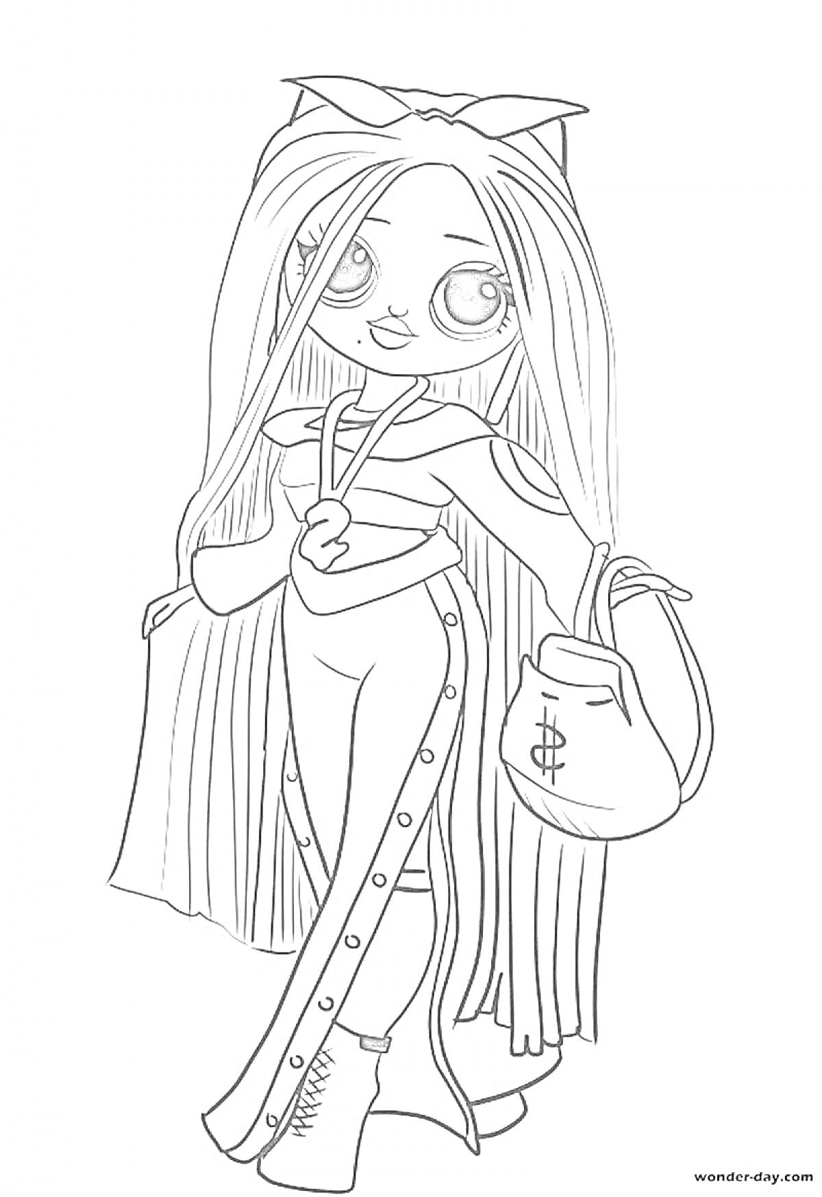 Раскраска Кукла в длинном плаще с повязкой на голове и сумкой с долларом