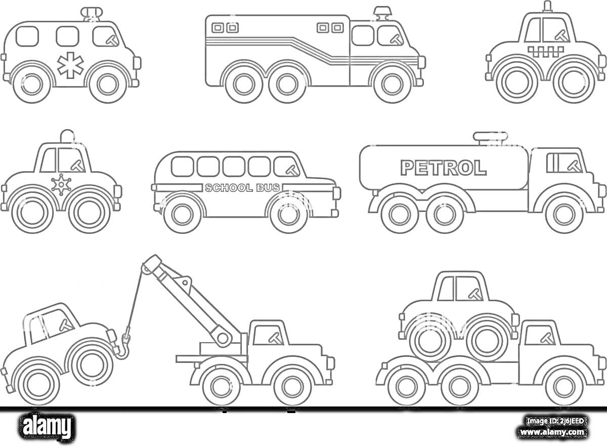 На раскраске изображено: Скорая помощь, Пожарная машина, Полицейская машина, Школьный автобус, Бензовоз, Эвакуатор, Автовоз, Транспорт, Для детей