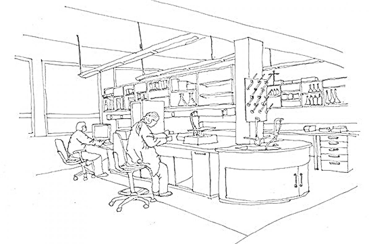 Раскраска Люди в лаборатории с оборудованием, стеллажами, компьютерами и столами