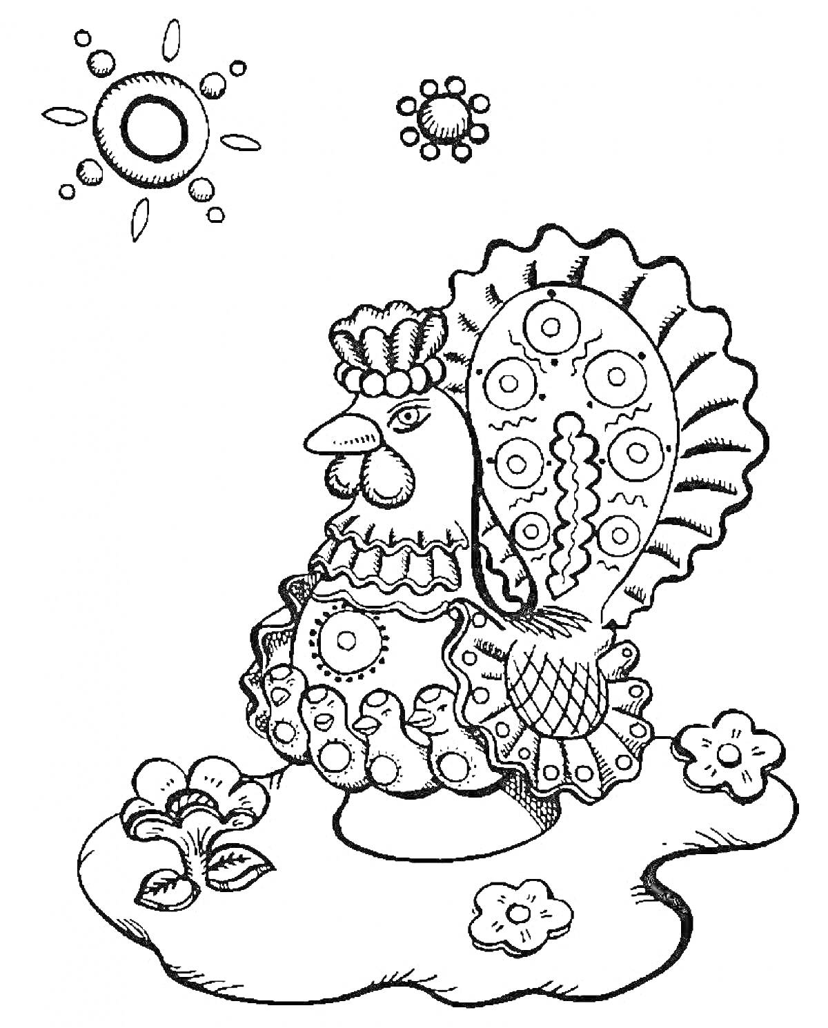 Раскраска Петух с узорами, цветы, солнце на фоне