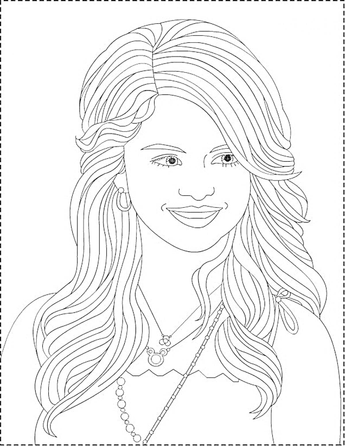 Раскраска Портрет девушки с длинными волнистыми волосами, с серьгой-кольцом и ожерельем с кулоном в виде сердечка и бусами, улыбающаяся
