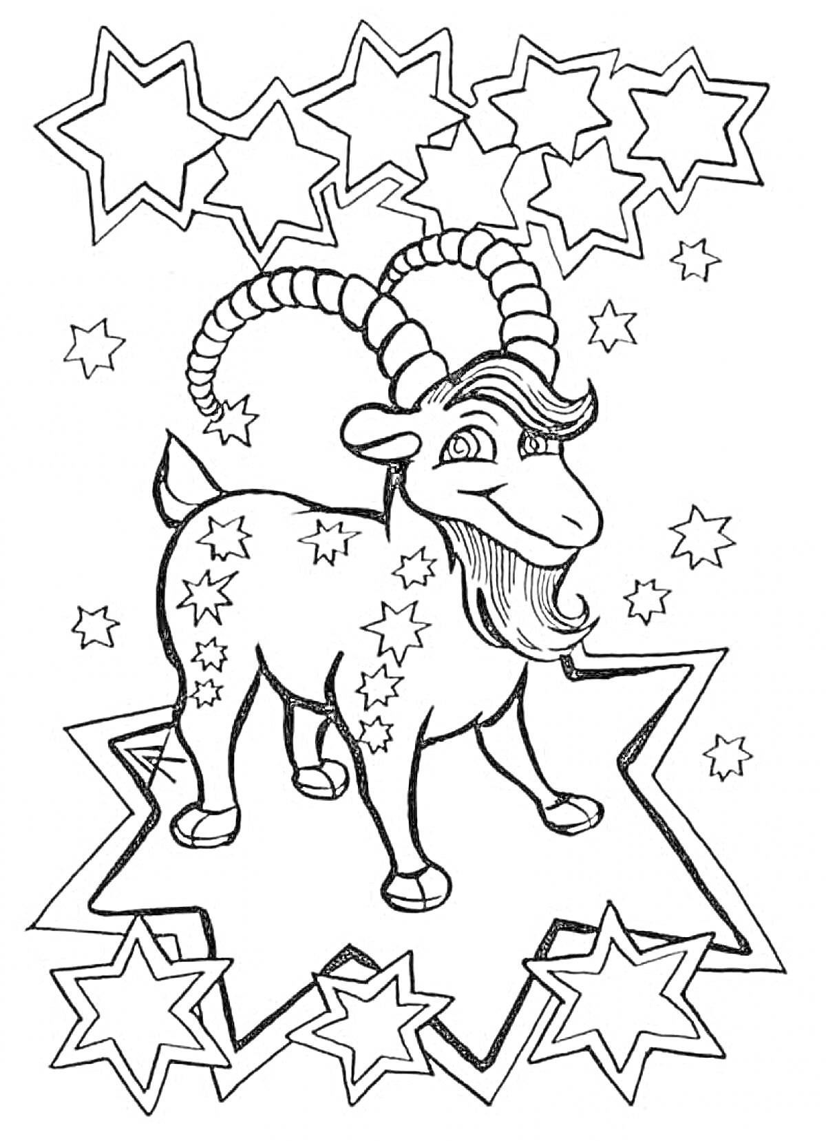 На раскраске изображено: Звезды, Животные, Рога, Астрология, Знак зодиака