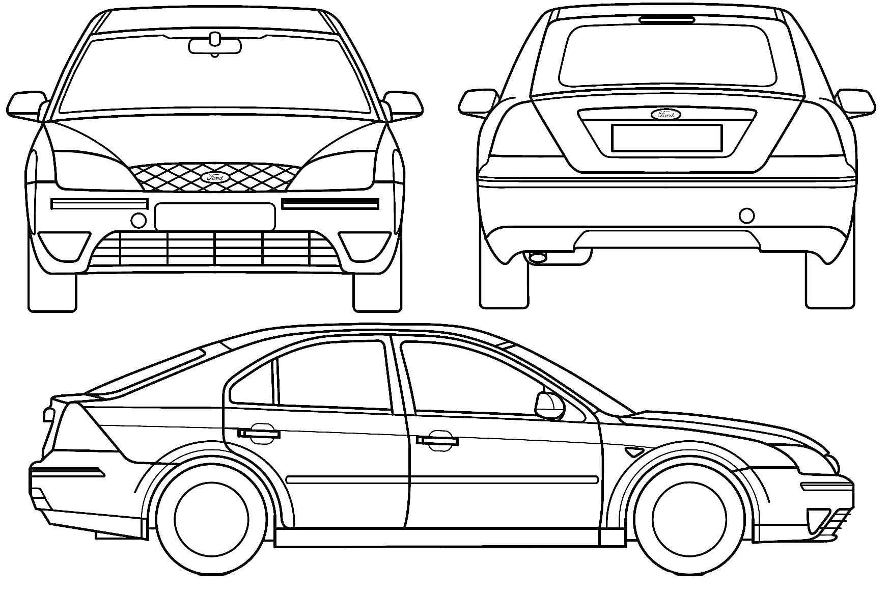 Раскраска Форд Мондео - Вид спереди, сзади и сбоку