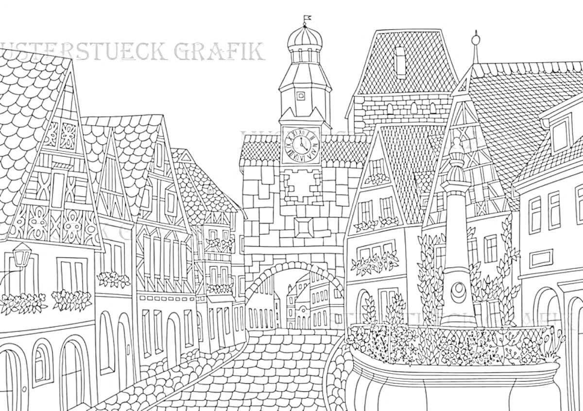 Раскраска Улица города с традиционными домами, башней и аркой, цветником на переднем плане