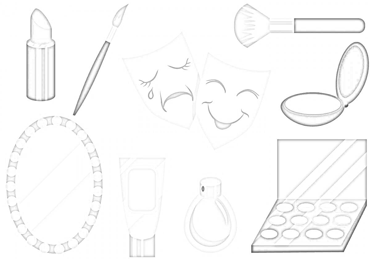 На раскраске изображено: Помада, Макияж, Театральные маски, Пудра, Тональный крем, Духи, Палетка, Тени для глаз, Косметика