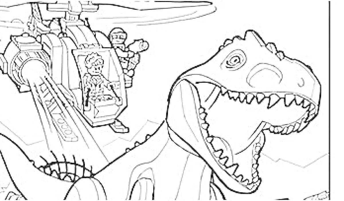 На раскраске изображено: Лего, Вертолет, Минифигурки, Приключения, Для детей, Динозавр