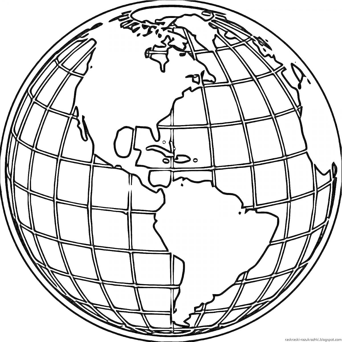 На раскраске изображено: Глобус, Карта мира, Америка, Меридианы, Параллели, География, Обучение