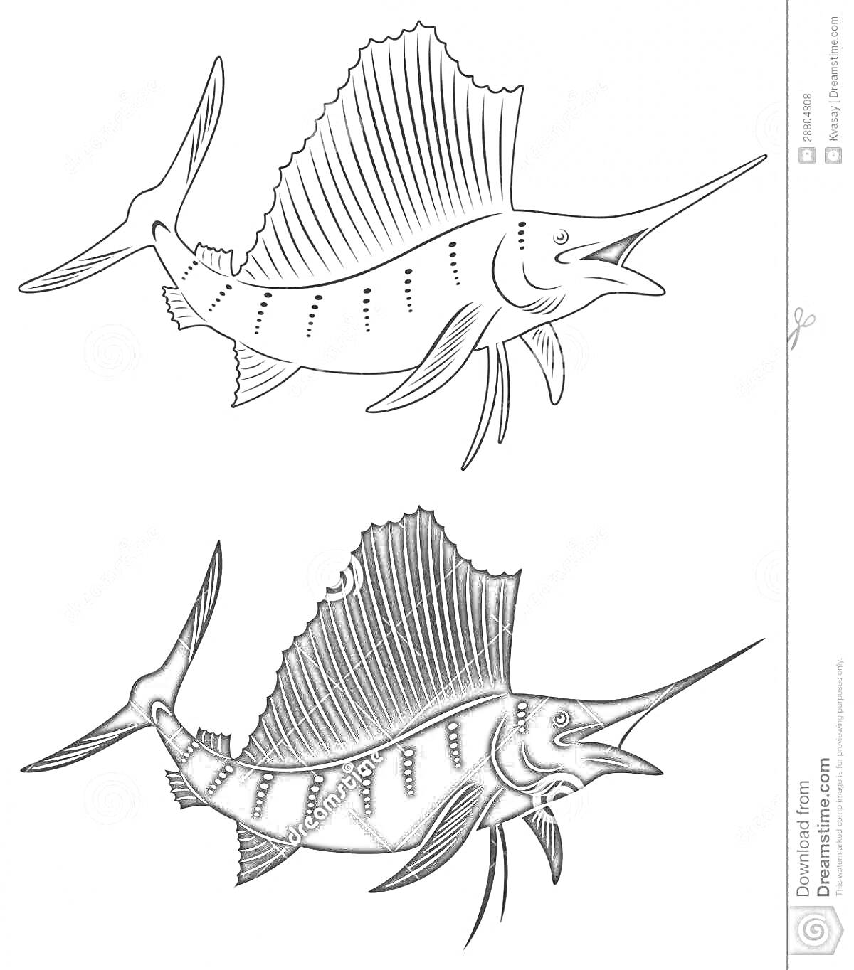 Раскраска Черно-белая раскраска с изображением рыбы марлин, в том числе две рыбы в разных позициях, сверху рыба в светлом цвете, внизу в темном