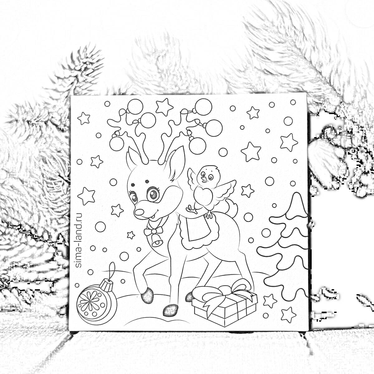 На раскраске изображено: Олень, Новогодние украшения, Звезды, Снежинки, Новый год