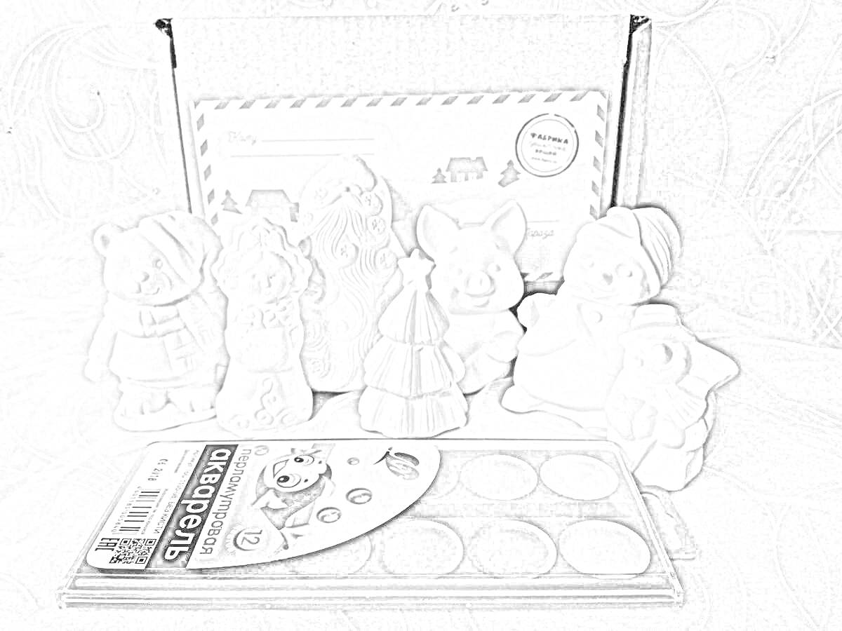 Раскраска Набор фигурок из гипса для раскрашивания: медведь в шарфе, девушка в платье, Дед Мороз, лиса, елка, снеговик и пингвин, акварельные краски в палитре, коробка