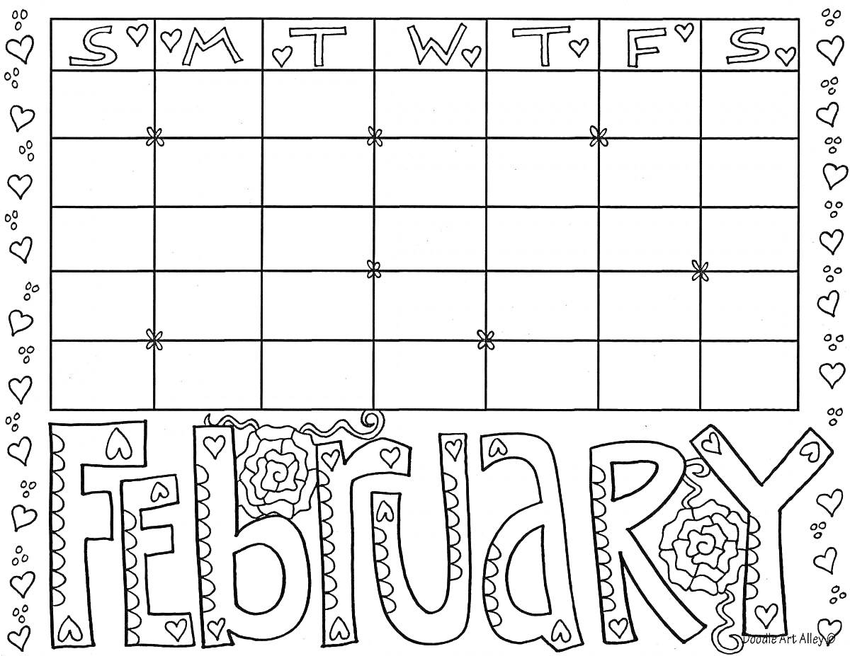 На раскраске изображено: Февраль, Календарь, Сердца, Дни недели, Месяц