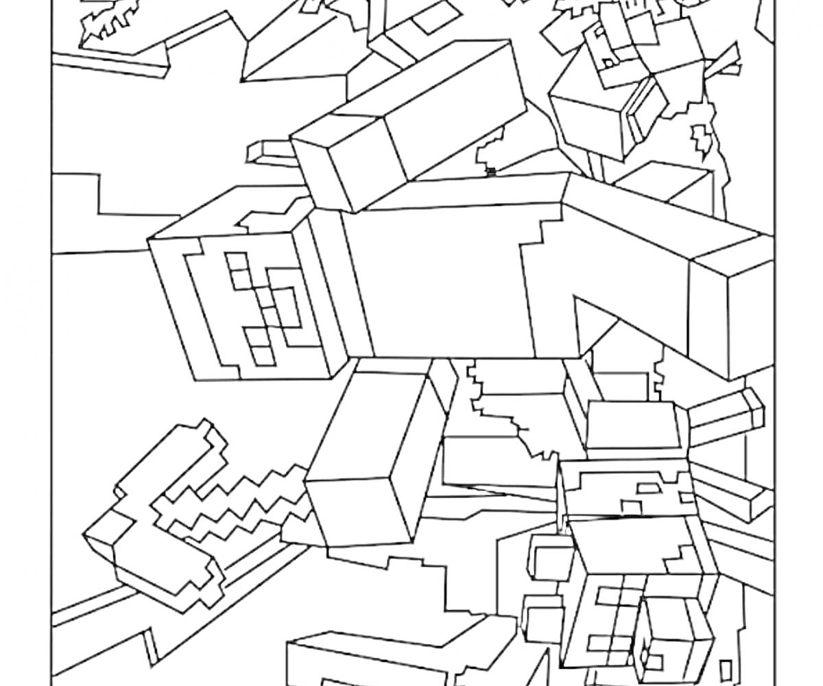 Раскраска Майнкрафт персонажи с киркой и мобами