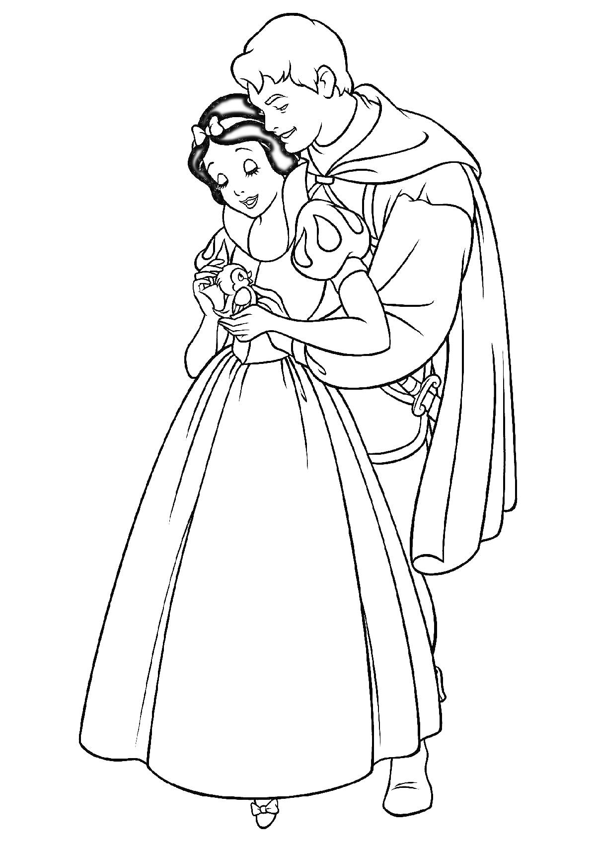 Раскраска Белоснежка и принц, стоящие обнявшись, с цветком в руках