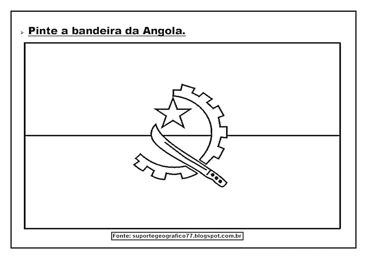 раскраска с изображением флага Анголы, содержащая полосу в центре, полумесяц, шестерню и звезду