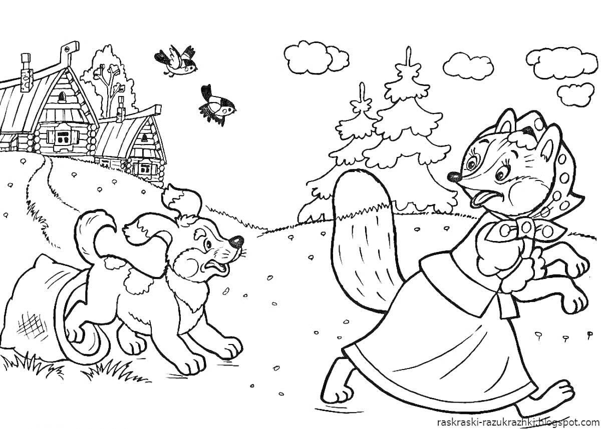 На раскраске изображено: Лес, Лиса, Собака, Деревья, Облака, Птица, Изба, Русские народные сказки