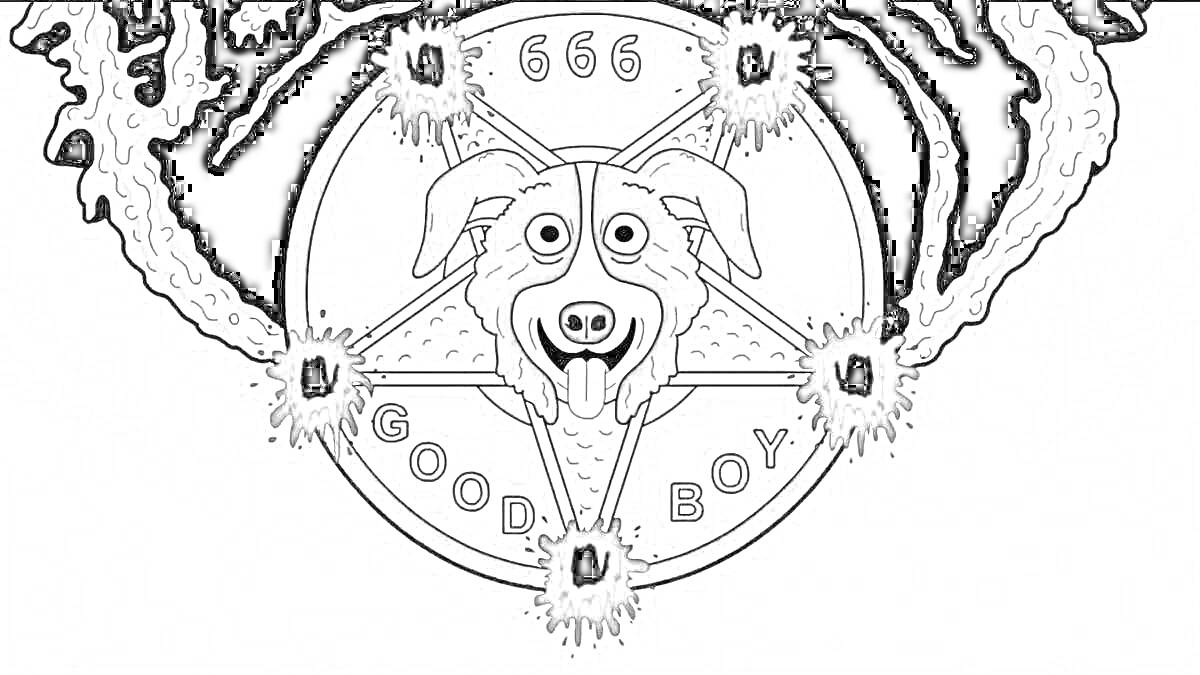 На раскраске изображено: Собака, Пентаграмма, 666, Пятна