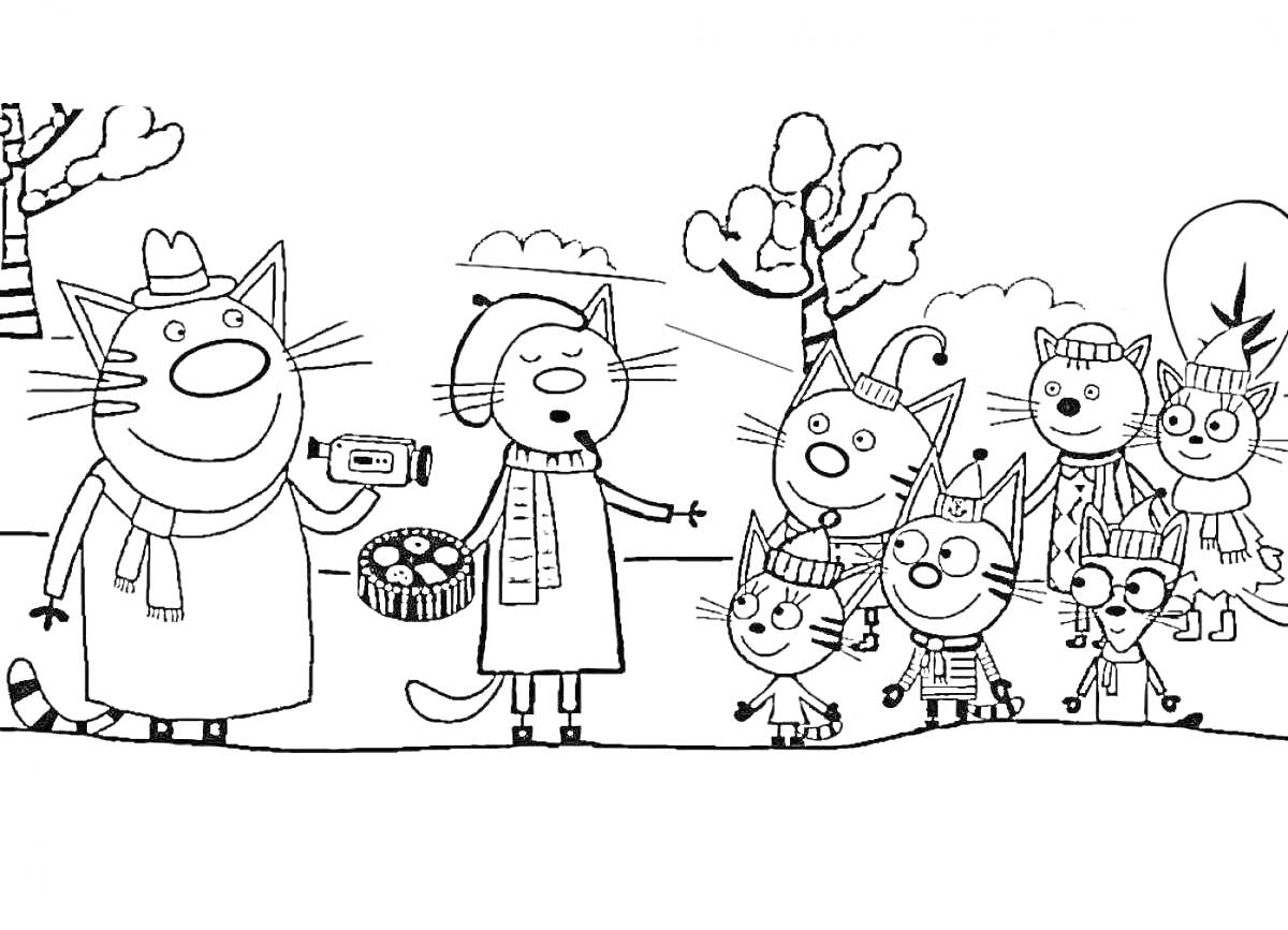 На раскраске изображено: Три кота, Зима, Семья, Коробка, Деревья, Друзья, Из мультфильмов, Для детей, Кот
