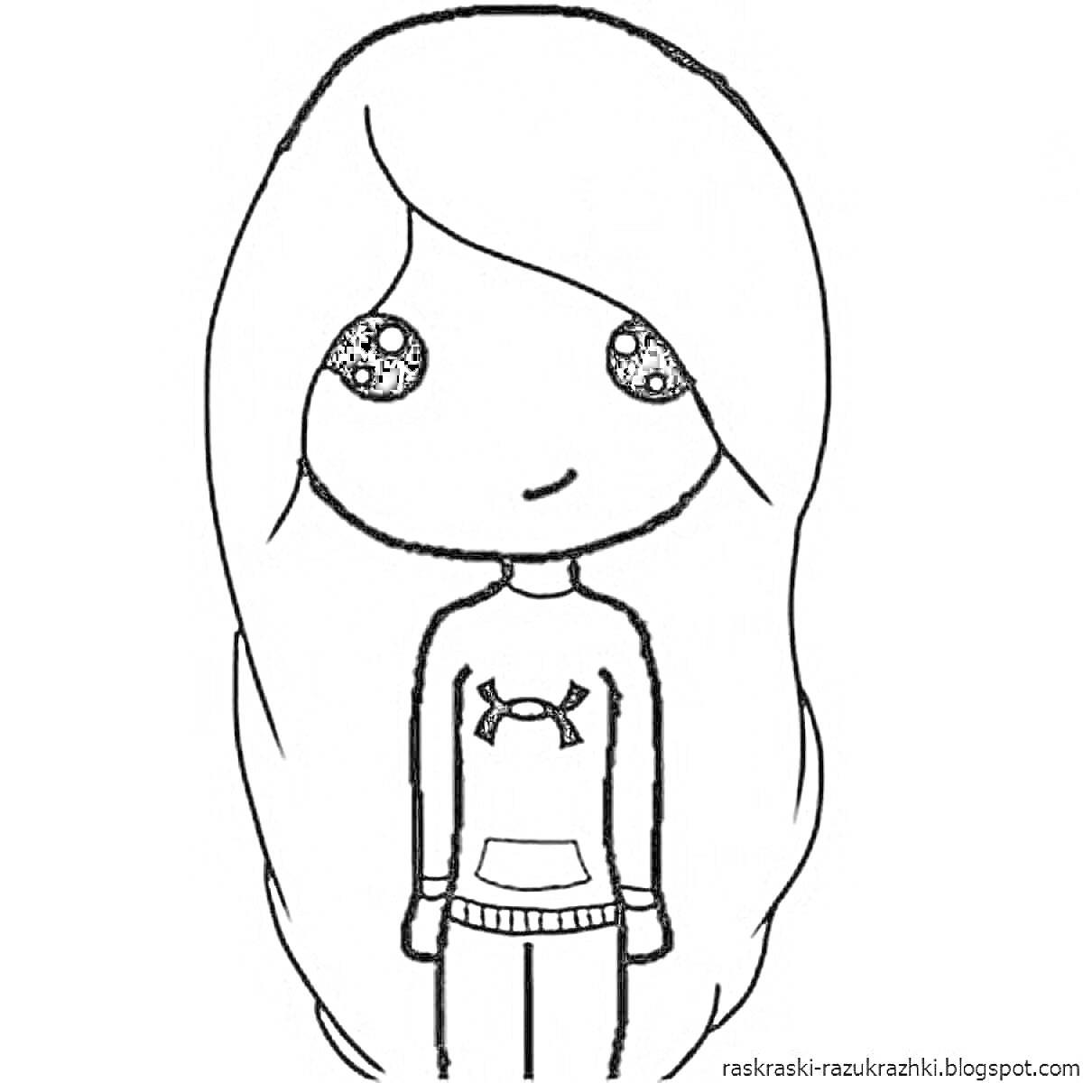 Раскраска Девочка с длинными волосами в кофте с карманом и узором в виде краба