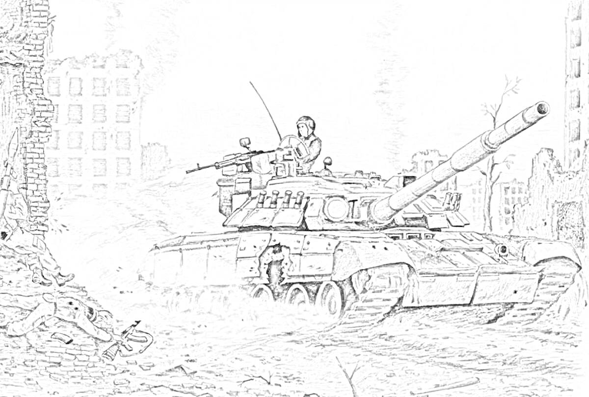 Танковый бой среди разрушений Сталинградской битвы, изображен танк с солдатом, разрушенные здания, дым и обломки на земле