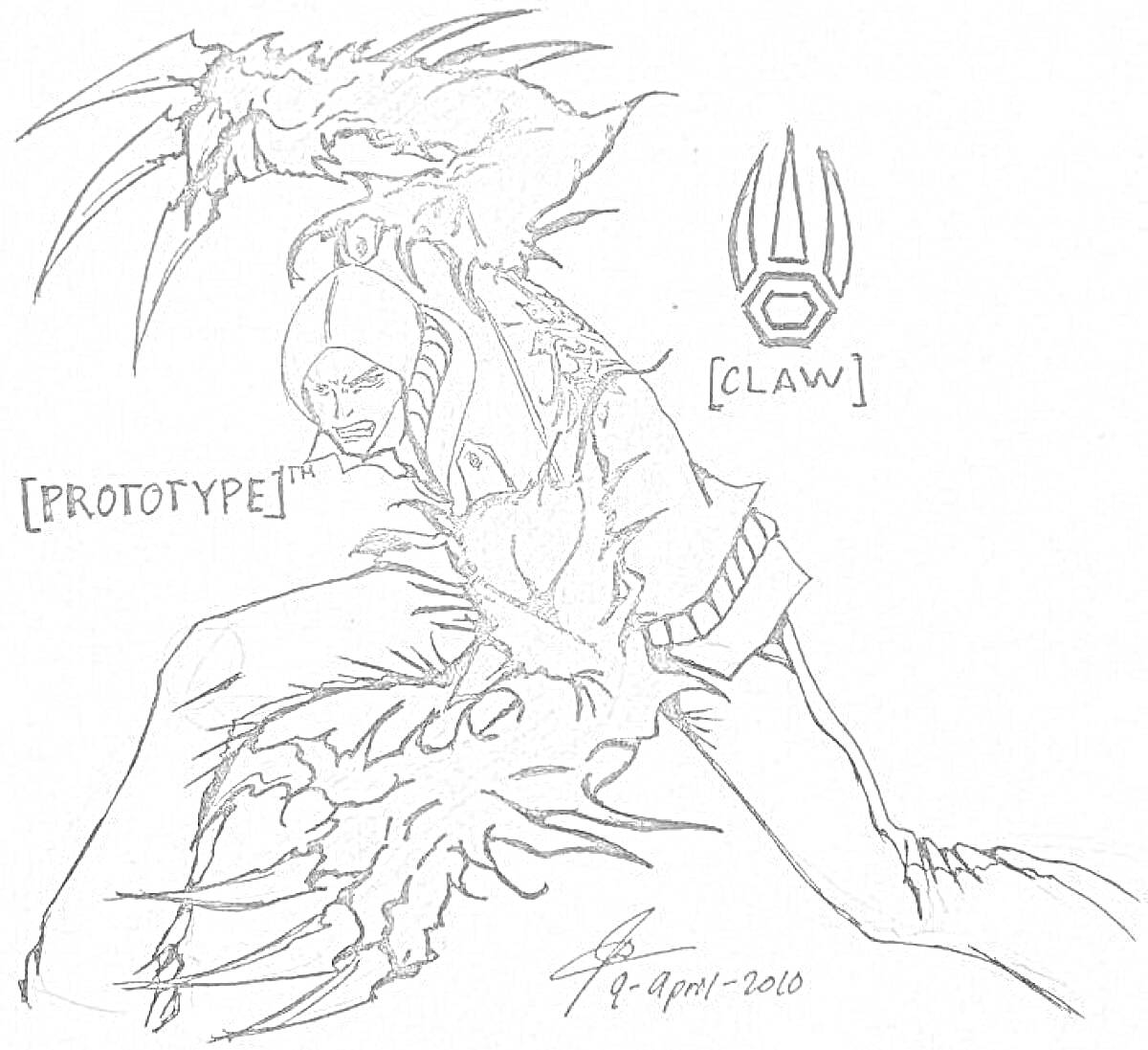 Раскраска Персонаж с когтями-мутантами и надписями 