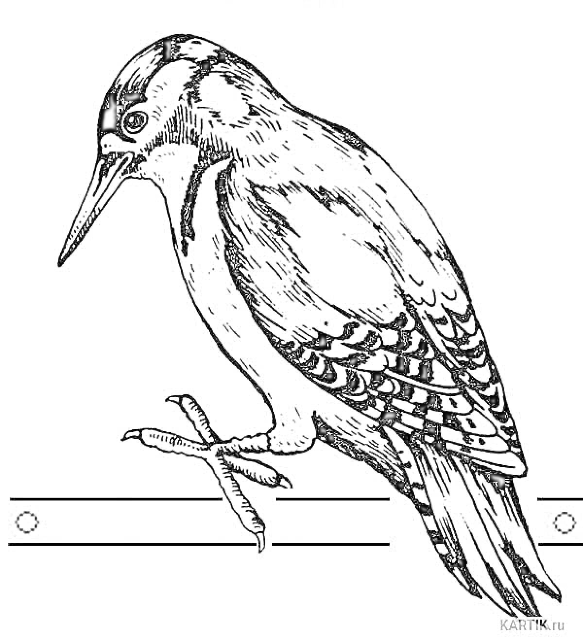 На раскраске изображено: Дятел, Птица, Ветка, Для детей, Природа, Обучение