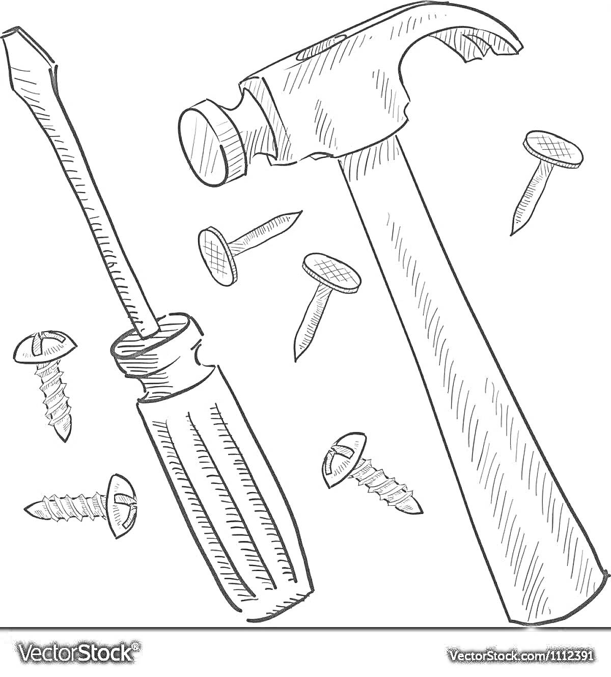 Раскраска Молоток, отвертка и гвозди