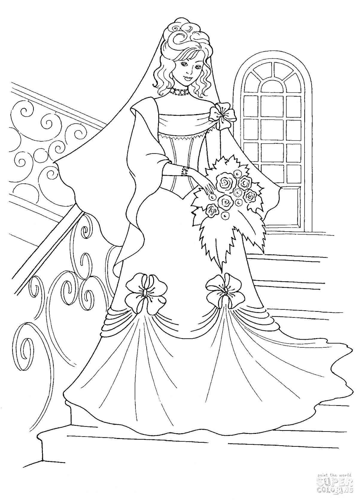 На раскраске изображено: Принцесса, Платье, Лестница, Волосы, Окна, Букет цветов, Узоры