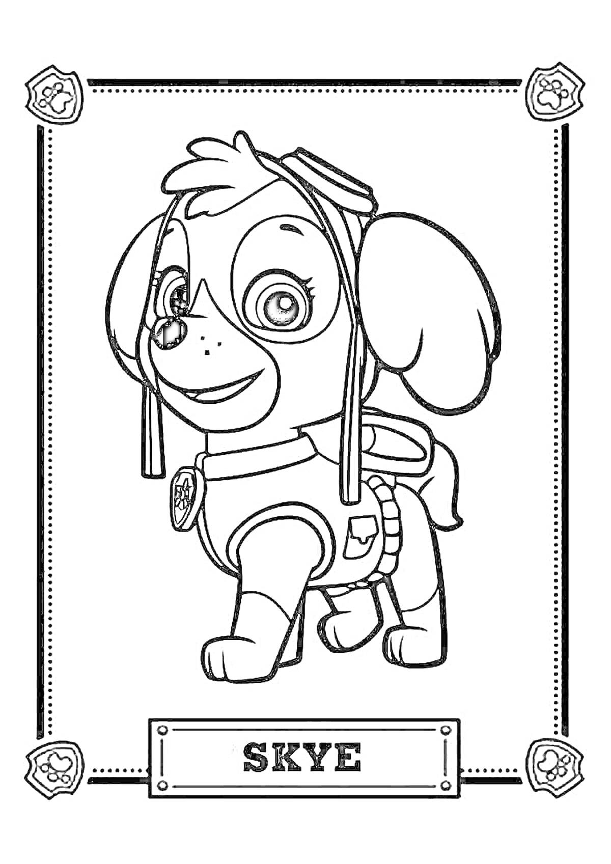 Раскраска Раскраска героини Скай из мультфильма щенячий патруль в рамке с косточками