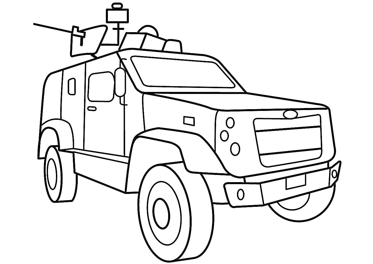 Раскраска Бронеавтомобиль с пулемётом и антеннами
