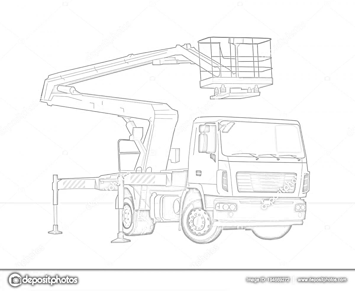 На раскраске изображено: Автовышка, Стрела, Корзина, Опоры, Рабочая техника, Спецтехника