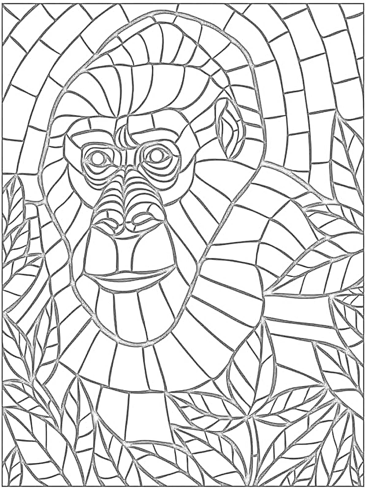 Раскраска Мозаика с изображением гориллы среди листвы