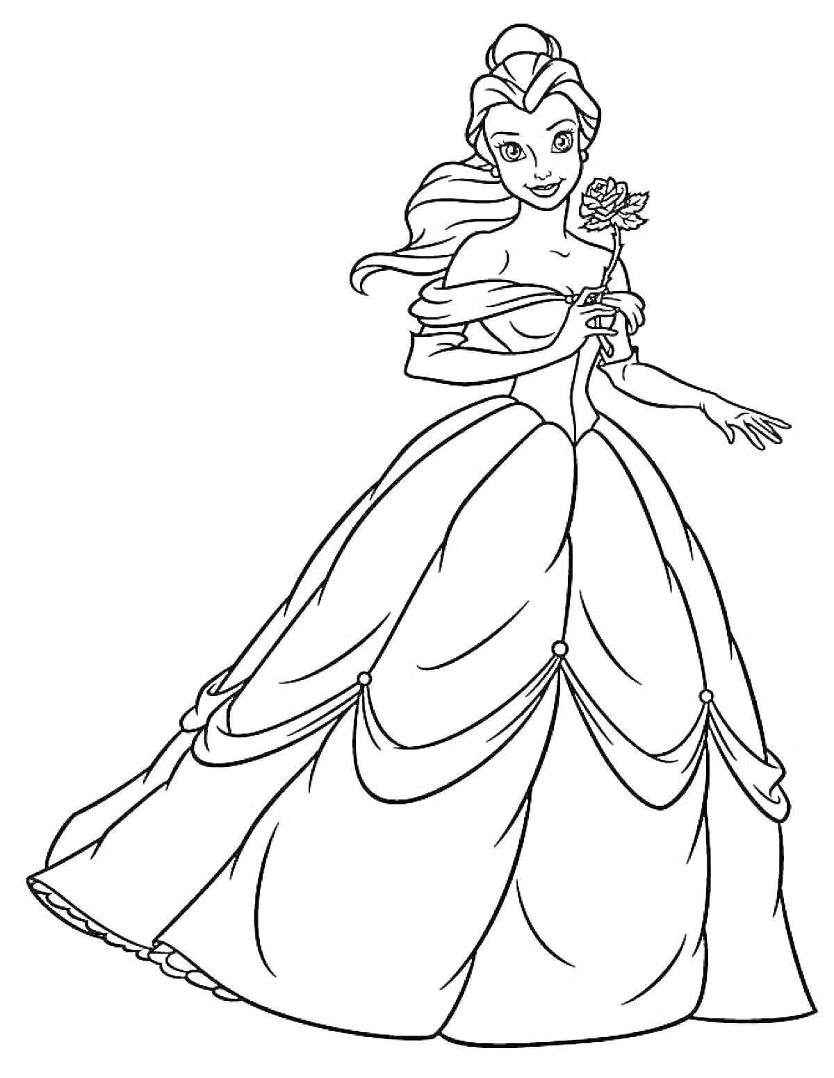 Раскраска Принцесса Бель с розой в руке в пышном платье