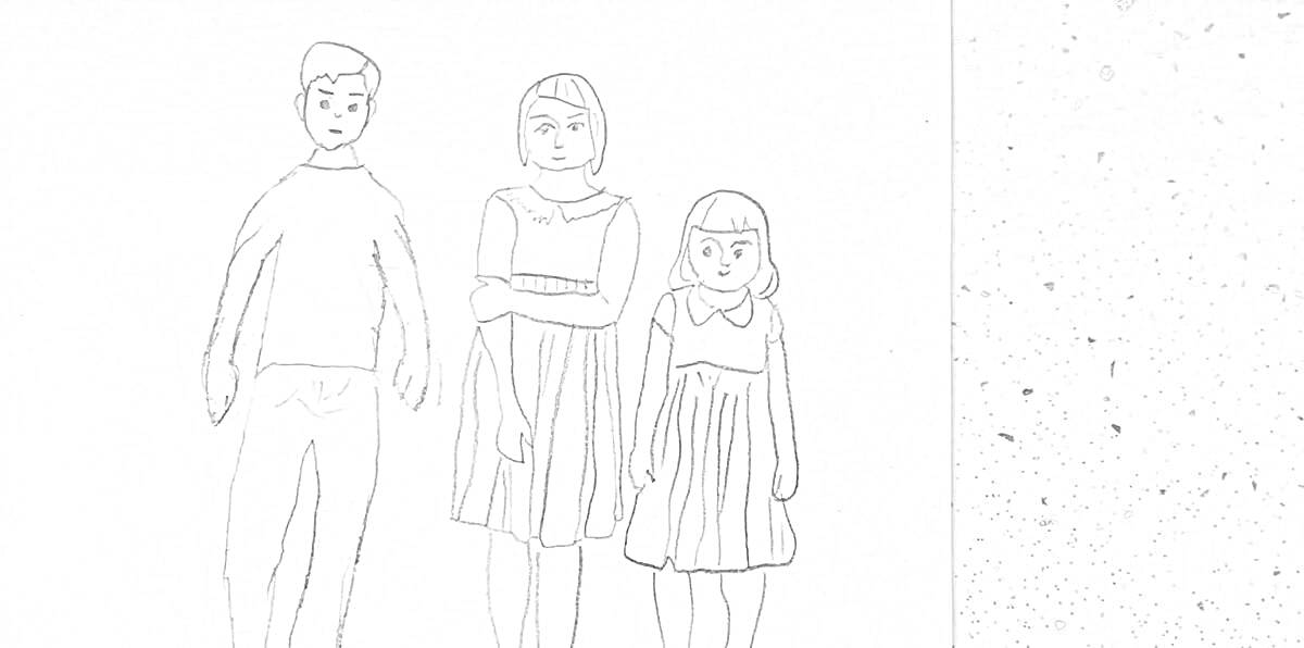 На раскраске изображено: Семья, Одежда, Девочка, Платье, Брюки, Для детей, Женщина, Мужчина, Для взрослых, Рубашки
