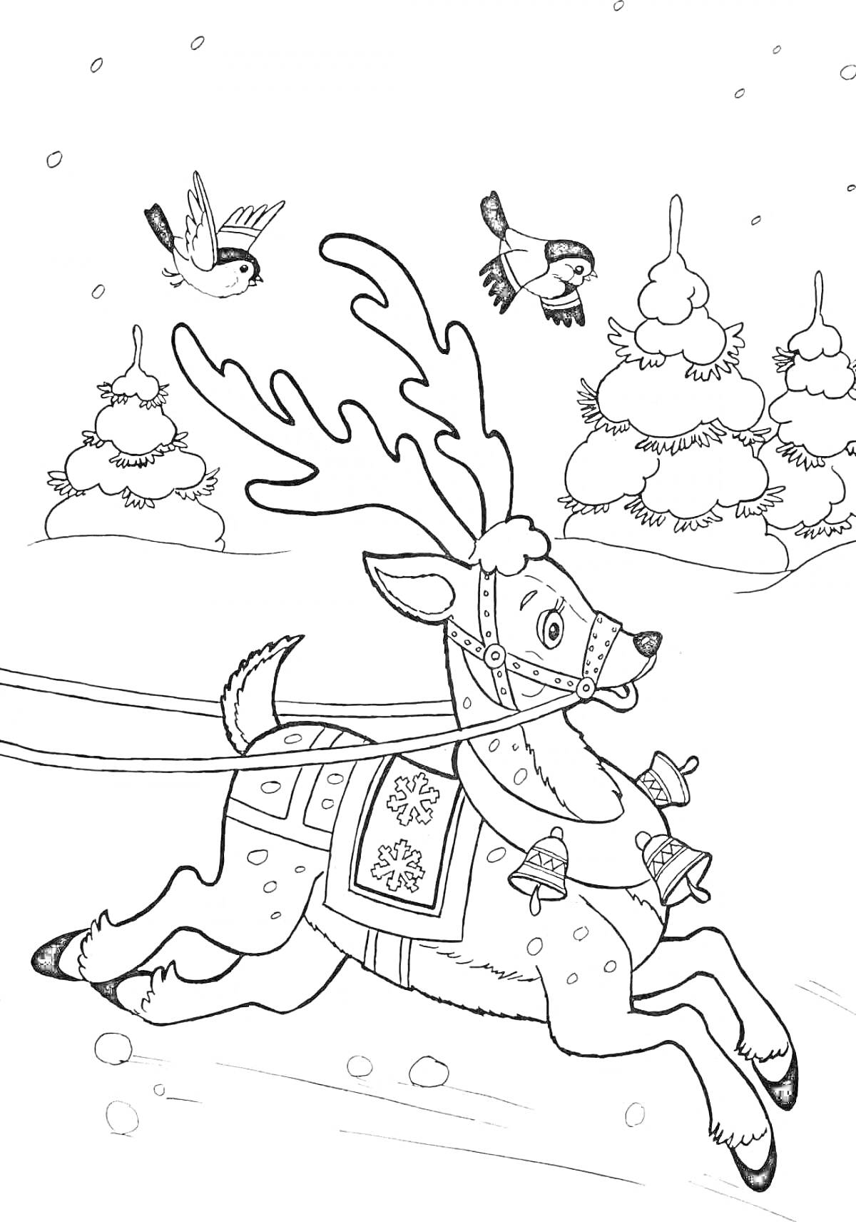 На раскраске изображено: Новогодний олень, Зима, Снег, Лес, Новый год, Праздничный декор, Птица