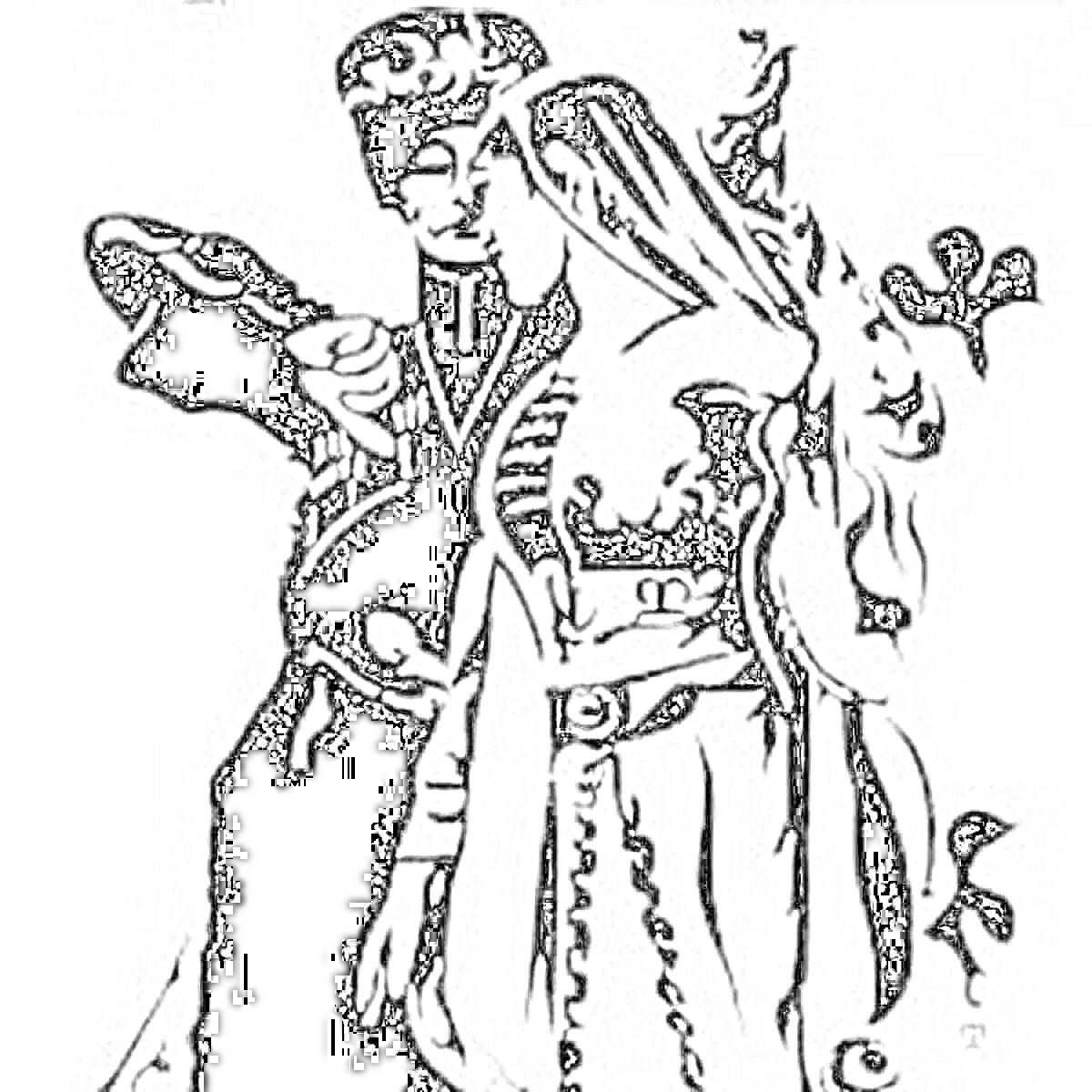 Раскраска Осетинский национальный костюм. Мужчина в черкеске с папахой, женщина в традиционном платье с головным убором и фартучным поясом