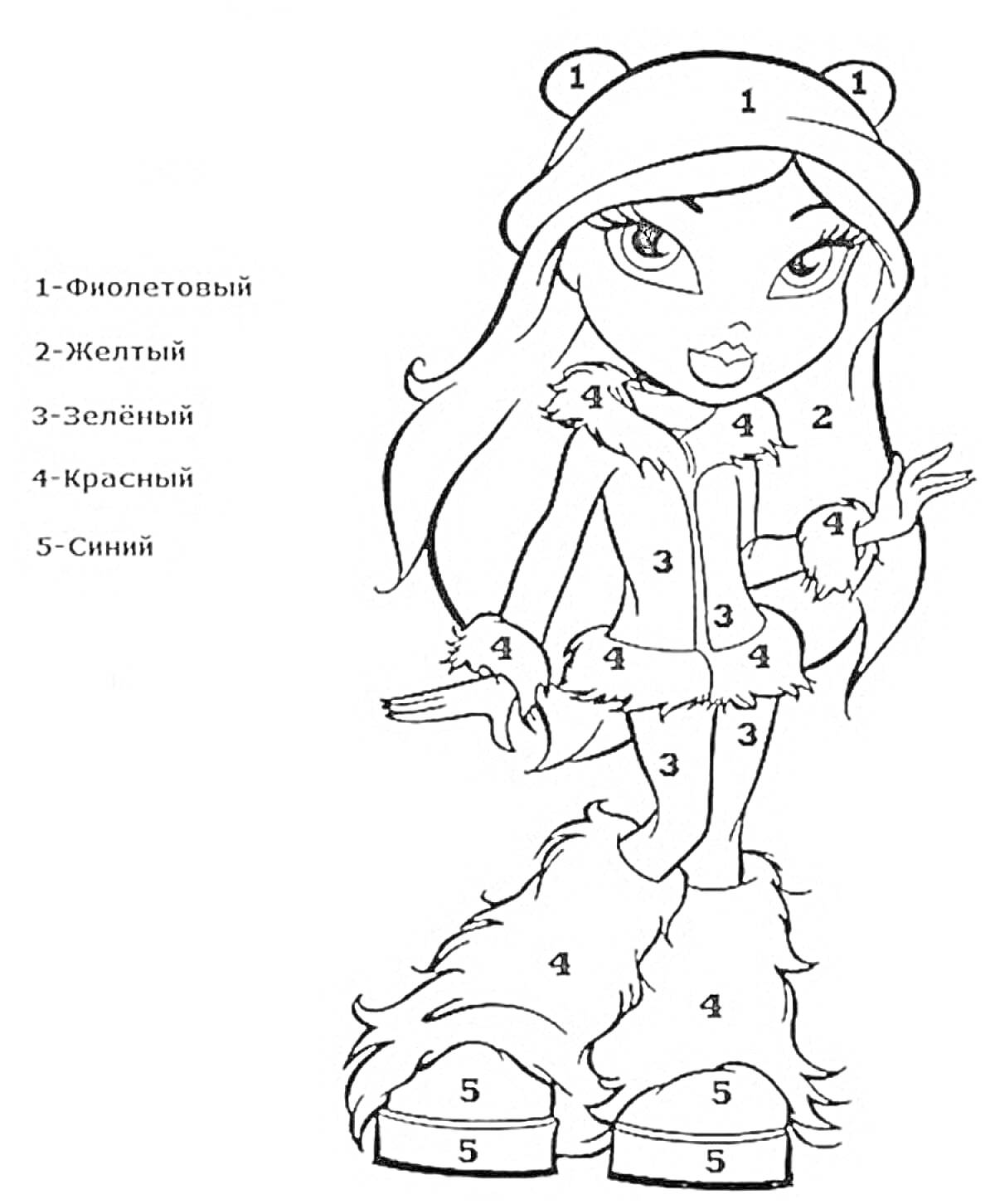 Раскраска Девушка в шапке с медвежьими ушками, куртке с мехом, варежках, штанах и сапогах с мехом.